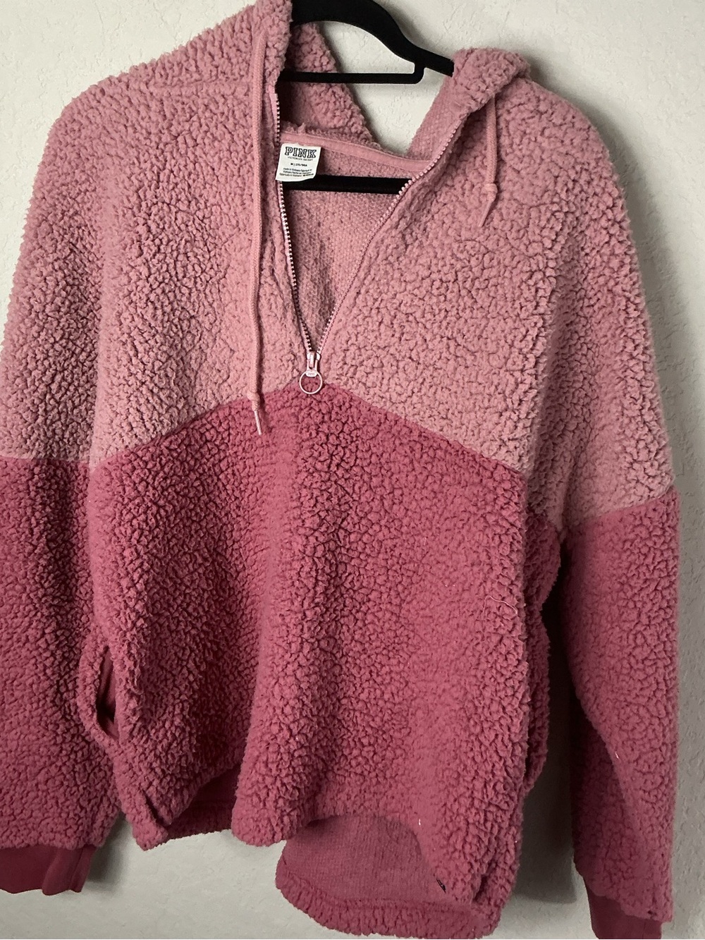 PINK Victoria's Secret Sherpa Fleece Half Zip Hoodie Women Medium Two Tone Pink